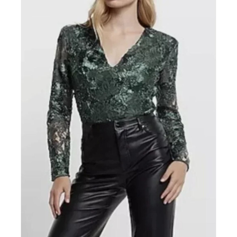 Express Green Floral Lace V-Neck Long Sleeve Bodysuit XS 09610241 NEW